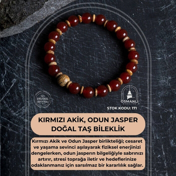 Sertifikalı Kırmızı Akik, Odun Jasper Doğal Taş Bileklik (SK:171) - 2