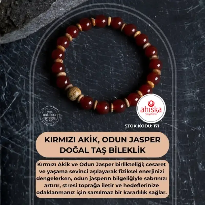 Sertifikalı Kırmızı Akik, Odun Jasper Doğal Taş Bileklik (SK:171) - 1