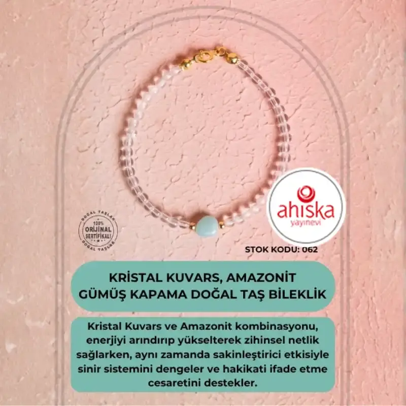 Sertifikalı Kristal Kuvars, Amazonit Gümüş Kapama Doğal Taş Bileklik (SK:062) - 1