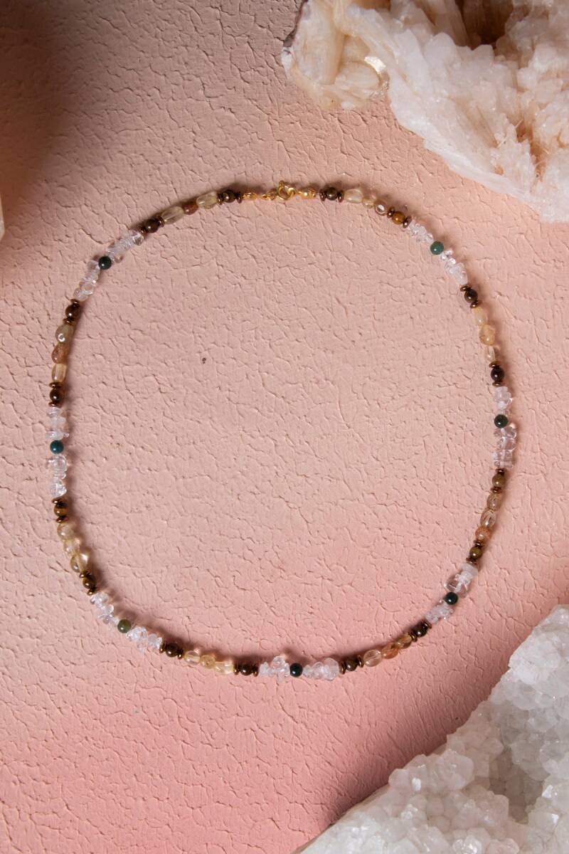 Sertifikalı Kristal Kuvars, Rutilli Kuvars, Kaplan Gözü, Yeşil Akik Gümüş Kapama Doğal Taş Kolye (SK:070) - 1