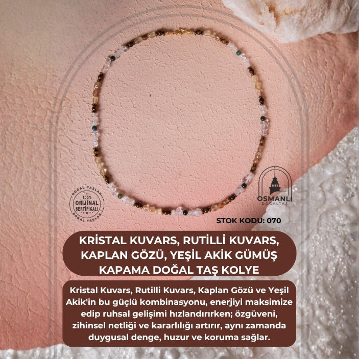 Sertifikalı Kristal Kuvars, Rutilli Kuvars, Kaplan Gözü, Yeşil Akik Gümüş Kapama Doğal Taş Kolye (SK:070) - 2