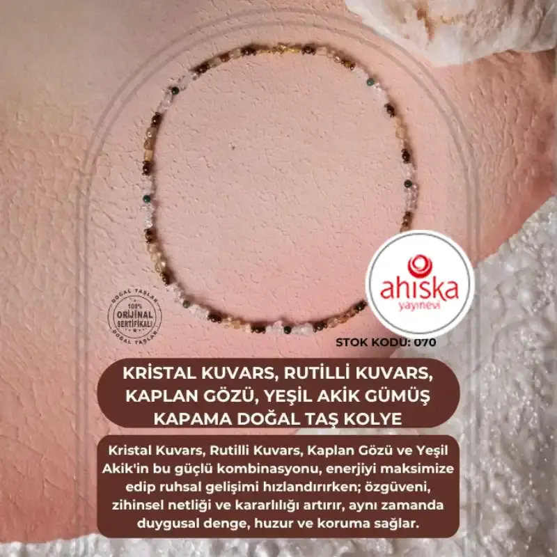 Sertifikalı Kristal Kuvars, Rutilli Kuvars, Kaplan Gözü, Yeşil Akik Gümüş Kapama Doğal Taş Kolye (SK:070) - 2