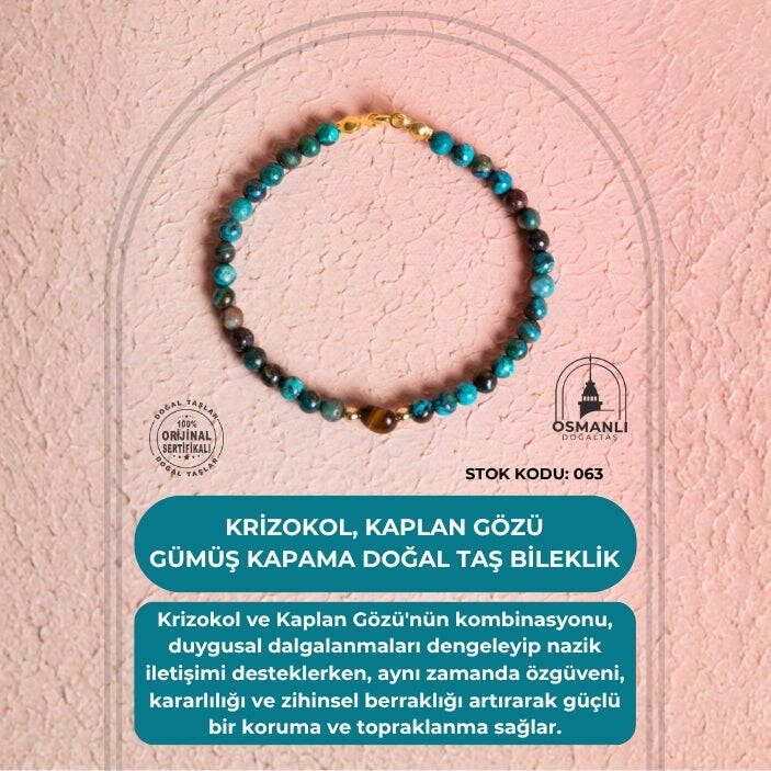 Sertifikalı Krizokol, Kaplan Gözü Gümüş Kapama Doğal Taş Bileklik (SK:063) - 2