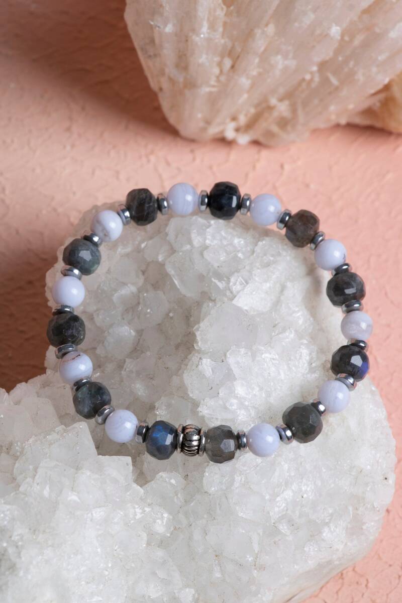 Sertifikalı Labradorit, Kalsedon Gümüş Aparatlı Doğal Taş Bileklik (SK:385) - 4