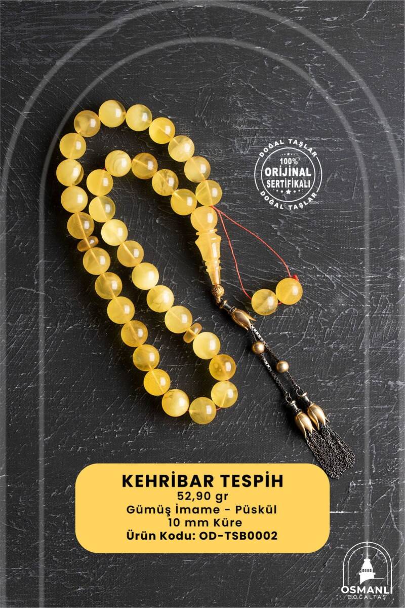 Sertifikalı Lale Motifli 10 mm Küre Kesim Gold Kaplama Gümüş Kehribar Tesbih - 52,90 gr - 1