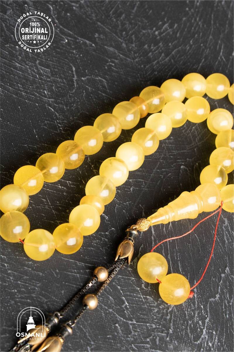 Sertifikalı Lale Motifli 10 mm Küre Kesim Gold Kaplama Gümüş Kehribar Tesbih - 52,90 gr - 2