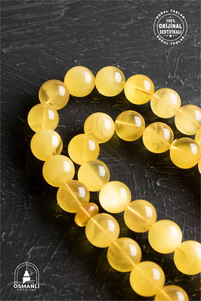 Sertifikalı Lale Motifli 10 mm Küre Kesim Gold Kaplama Gümüş Kehribar Tesbih - 52,90 gr - 3