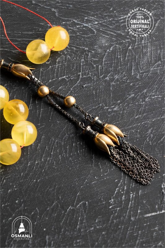 Sertifikalı Lale Motifli 10 mm Küre Kesim Gold Kaplama Gümüş Kehribar Tesbih - 52,90 gr - 4