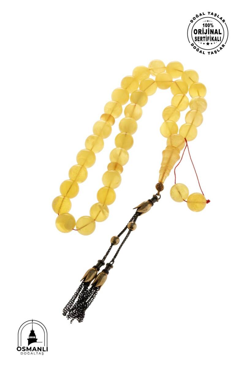 Sertifikalı Lale Motifli 10 mm Küre Kesim Gold Kaplama Gümüş Kehribar Tesbih - 52,90 gr - 5