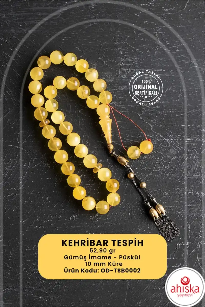 Sertifikalı Lale Motifli 10 mm Küre Kesim Gold Kaplama Gümüş Kehribar Tesbih - 52,90 gr