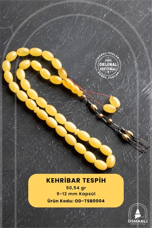 Sertifikalı Lale Motifli 9-12 mm Kapsül Kesim Gold Kaplama Gümüş Kehribar Tesbih - 50,54 g - Doğal Taş