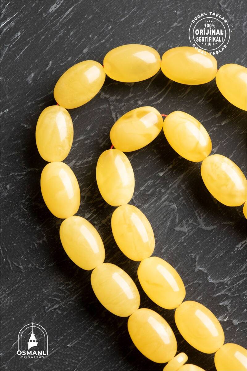 Sertifikalı Lale Motifli 9-12 mm Kapsül Kesim Gold Kaplama Gümüş Kehribar Tesbih - 50,54 g - 2