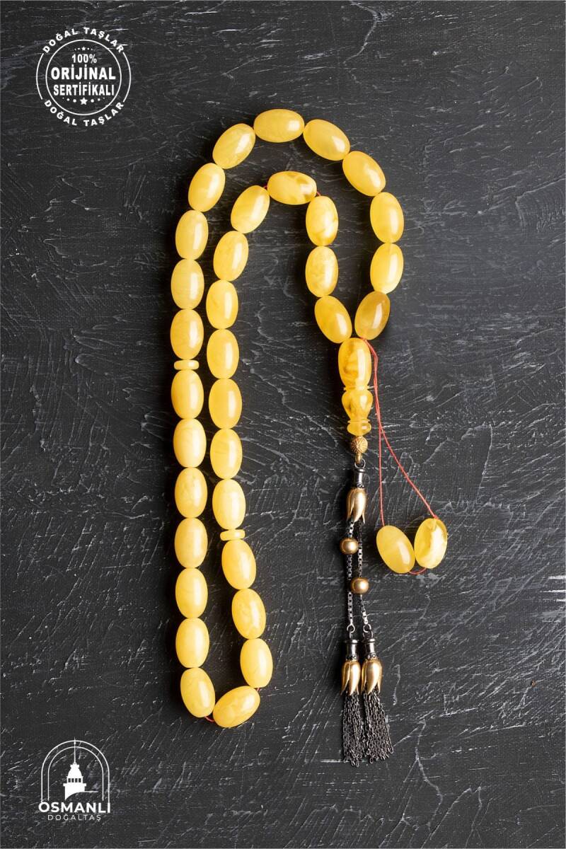 Sertifikalı Lale Motifli 9-12 mm Kapsül Kesim Gold Kaplama Gümüş Kehribar Tesbih - 50,54 g - 3