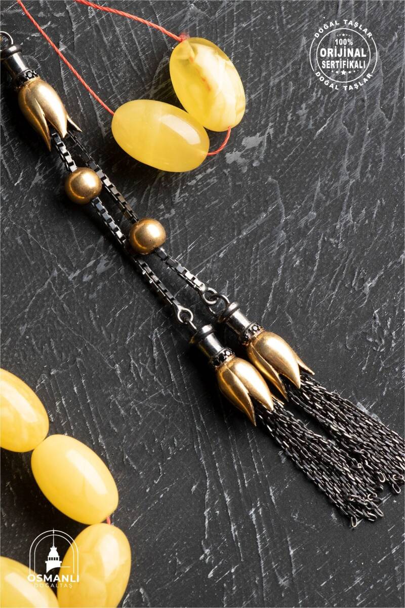 Sertifikalı Lale Motifli 9-12 mm Kapsül Kesim Gold Kaplama Gümüş Kehribar Tesbih - 50,54 g - 4