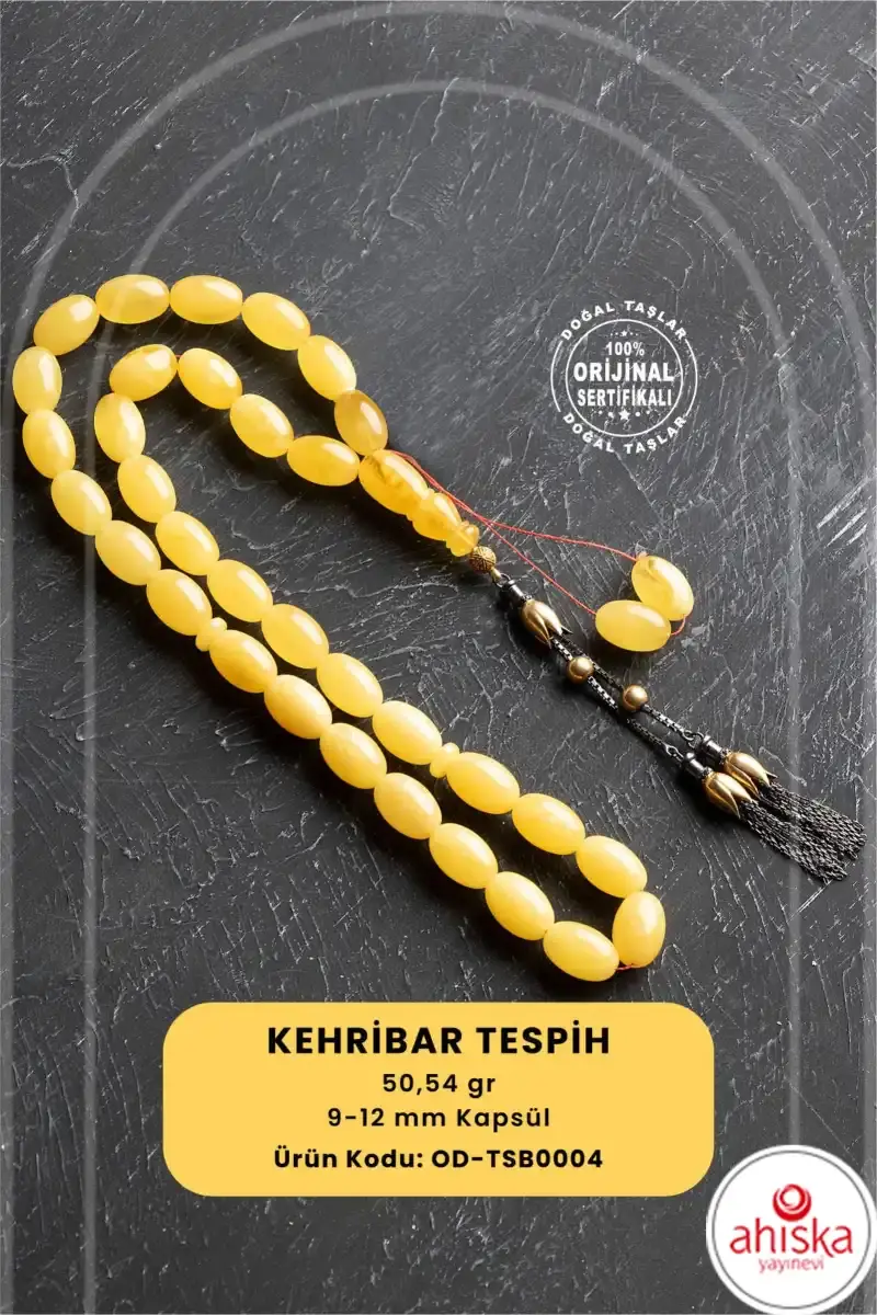 Sertifikalı Lale Motifli 9-12 mm Kapsül Kesim Gold Kaplama Gümüş Kehribar Tesbih - 50,54 g