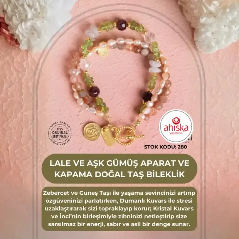 Sertifikalı Lale ve Aşk Charmlı Gümüş Aparat ve Kapama Doğal Taş Bileklik (SK:280) - 2