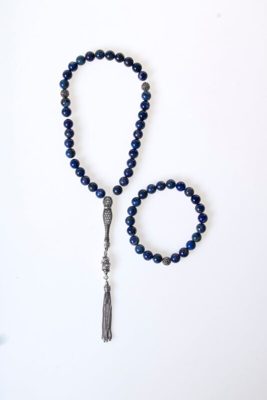 Sertifikalı Lapis Lazuli 925 Ayar Gümüş 8 mm İmameli Tesbih & Bileklik Seti - Doğal Taş