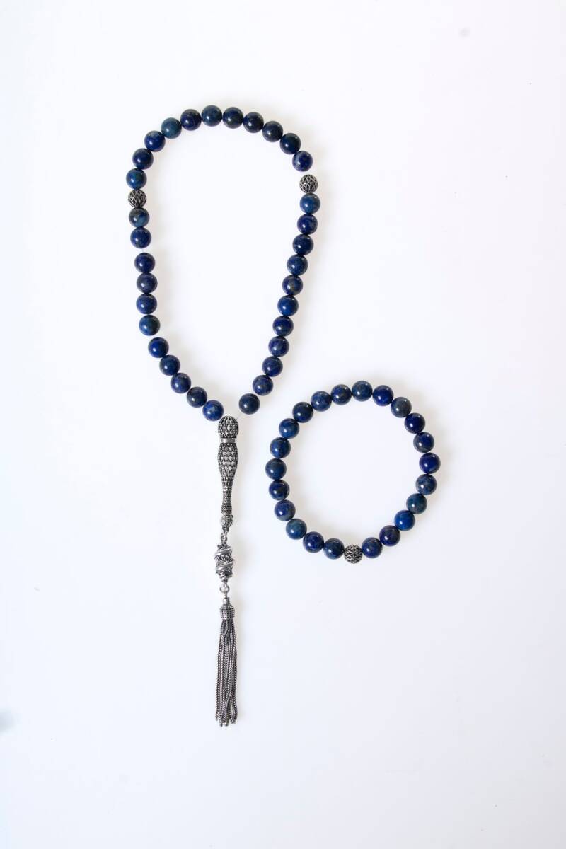 Sertifikalı Lapis Lazuli 925 Ayar Gümüş 8 mm İmameli Tesbih & Bileklik Seti - 1
