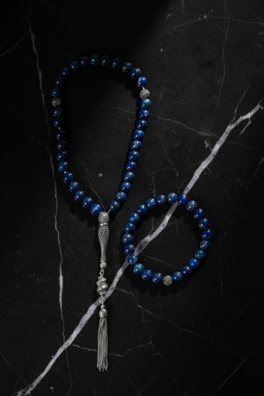 Sertifikalı Lapis Lazuli 925 Ayar Gümüş 8 mm İmameli Tesbih & Bileklik Seti - 3