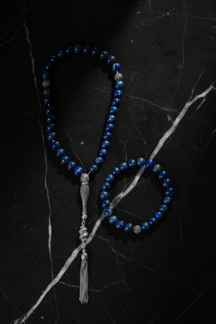 Sertifikalı Lapis Lazuli 925 Ayar Gümüş 8 mm İmameli Tesbih & Bileklik Seti - 3