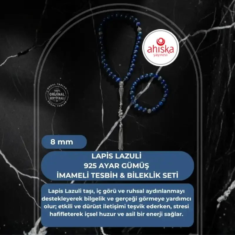 Sertifikalı Lapis Lazuli 925 Ayar Gümüş 8 mm İmameli Tesbih & Bileklik Seti - 2