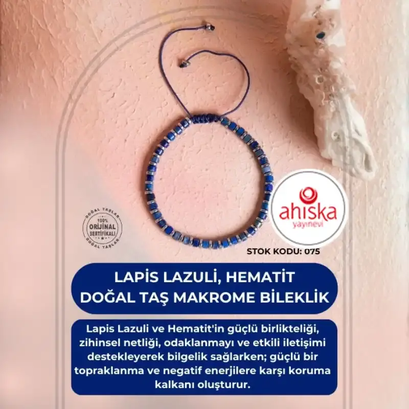 Sertifikalı Lapis Lazuli, Hematit, Doğal Taş Makrome Bileklik (SK:075)