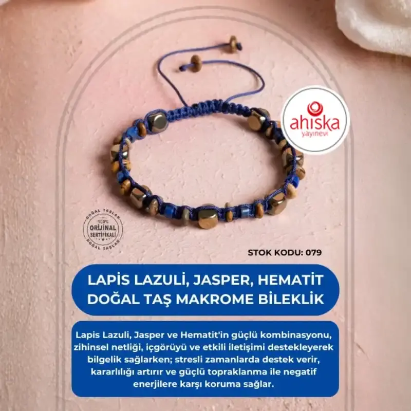 Sertifikalı Lapis Lazuli, Jasper, Hematit Doğal Taş Makrome Bileklik (SK:079)