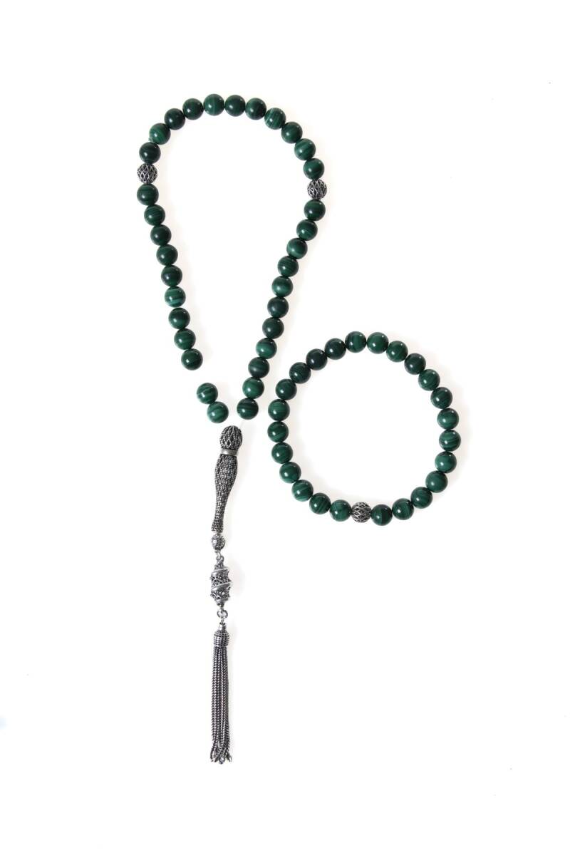 Sertifikalı Malahite 925 Ayar Gümüş 8 mm İmameli Tesbih & Bileklik Seti - 1