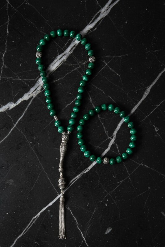 Sertifikalı Malahite 925 Ayar Gümüş 8 mm İmameli Tesbih & Bileklik Seti - 3