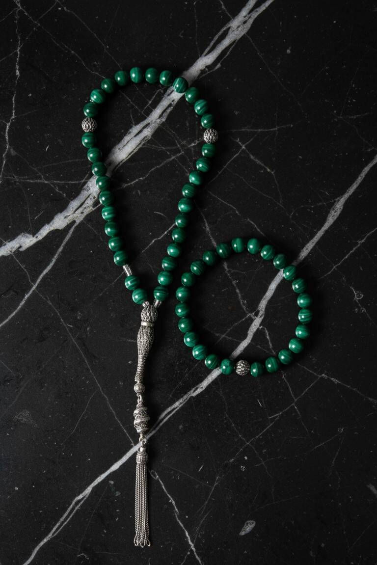 Sertifikalı Malahite 925 Ayar Gümüş 8 mm İmameli Tesbih & Bileklik Seti - 3