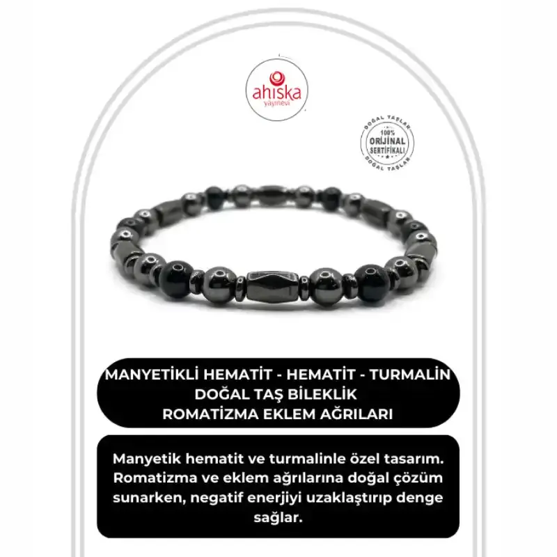 Sertifikalı Manyetikli Hematit - Hematit - Turmalin Doğal Taş Bileklik Romatizma Eklem Ağrıları
