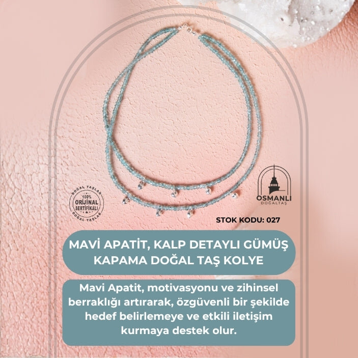 Sertifikalı Mavi Apatit, Kalp Detaylı Gümüş Kapama Doğal Taş Kolye (SK:027) - 2