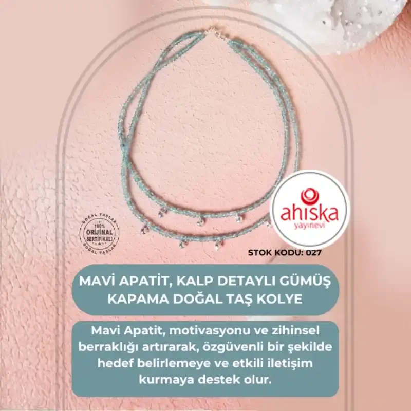 Sertifikalı Mavi Apatit, Kalp Detaylı Gümüş Kapama Doğal Taş Kolye (SK:027) - 2