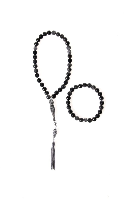 Sertifikalı Obsidyen 925 Ayar Gümüş 8 mm İmameli Tesbih & Bileklik Seti - Doğal Taş