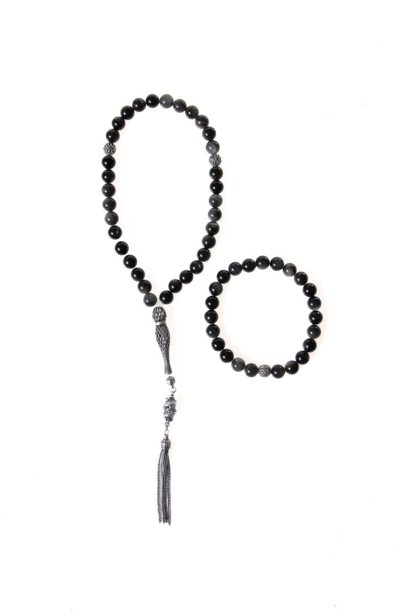 Sertifikalı Obsidyen 925 Ayar Gümüş 8 mm İmameli Tesbih & Bileklik Seti - 1