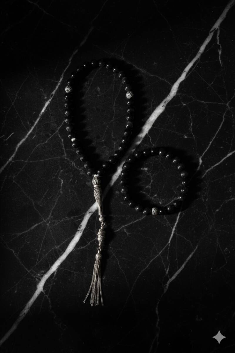 Sertifikalı Obsidyen 925 Ayar Gümüş 8 mm İmameli Tesbih & Bileklik Seti - 3