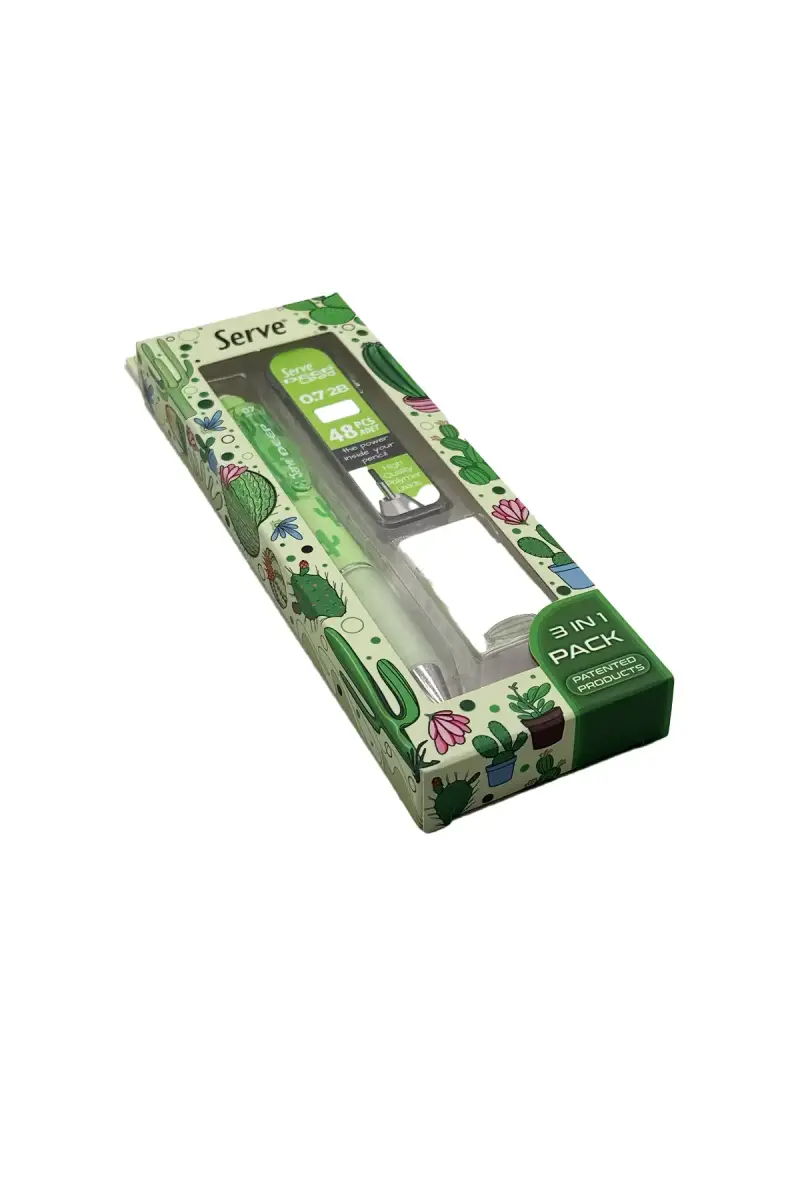 Serve Deep Doğa Desenli Kaktüs Figürlü Yeşil Uçlu Kalem + Uç + Silgi 0.7mm 3 Lü Set - 1