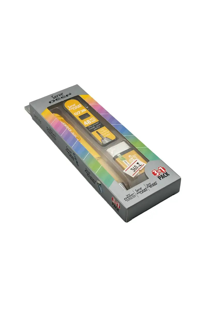 Serve Deep Sarı Okul Seti Uçlu Kalem + Uç + Silgi 0.7mm 3 Lü Set - 1