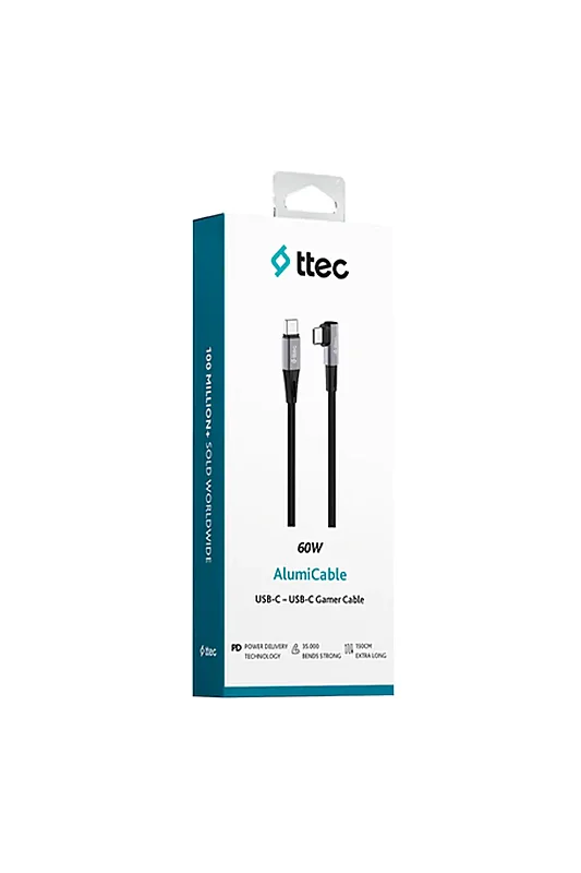 Ttec AlumiCable Şarj Kablosu USB-C USB-C 150 cm 60 W 90 Derece L Tip Siyah 2DK63S - Ttec