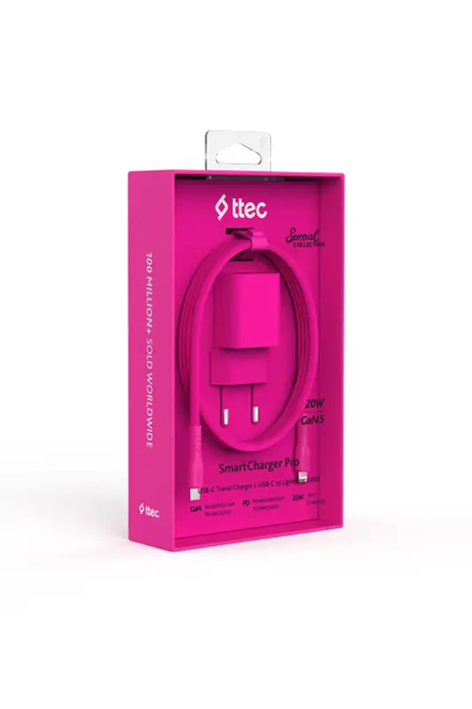 Ttec SmartCharger GAN 20 W PD Seyahat Hızlı Şarj Aleti + USB-C Lightning 120 cm Kablo Neon Pembe 2SCG20LNP - Ttec