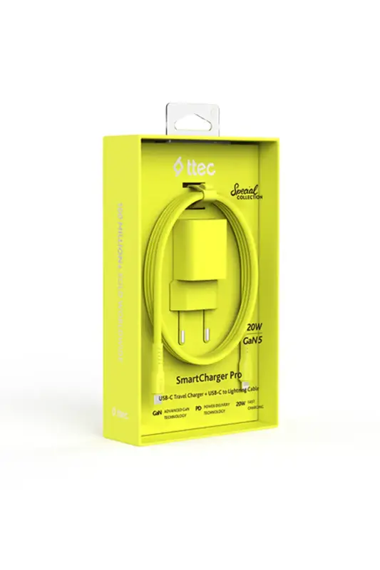 Ttec SmartCharger GAN 20 W PD Seyahat Hızlı Şarj Aleti + USB-C Lightning 120 cm Kablo Neon Sarı 2SCG20LNS - Ttec