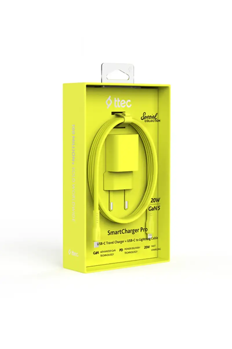 Ttec SmartCharger GAN 20 W PD Seyahat Hızlı Şarj Aleti + USB-C Lightning 120 cm Kablo Neon Sarı 2SCG20LNS - 1