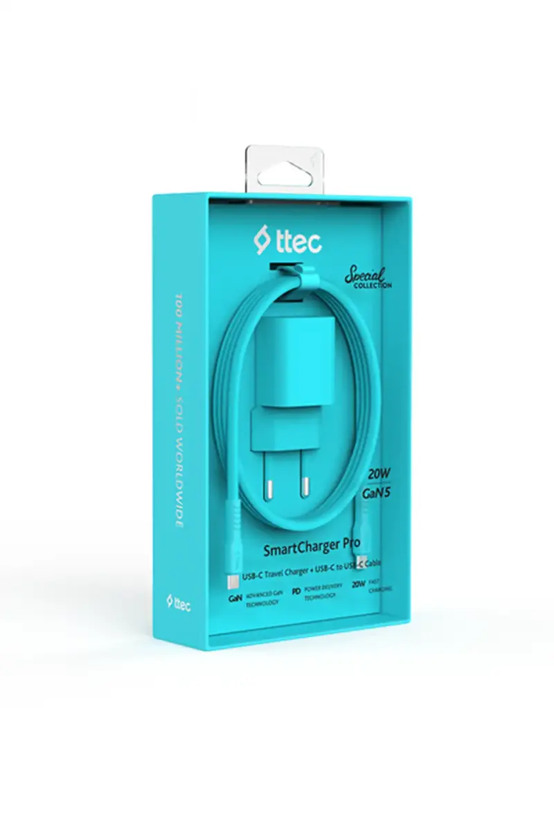 Ttec SmartCharger GAN 20 W PD Seyahat Hızlı Şarj Aleti + USB-C USB-C 3A Kablo Neon Mavi 2SCG20CNM - 1