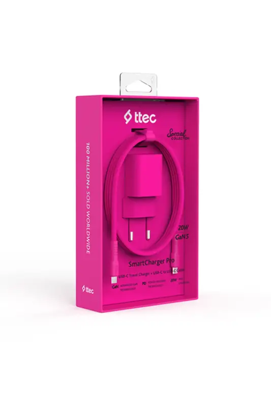 Ttec SmartCharger GAN 20 W PD Seyahat Hızlı Şarj Aleti + USB-C USB-C 3A Kablo Neon Pembe 2SCG20CNP - Ttec