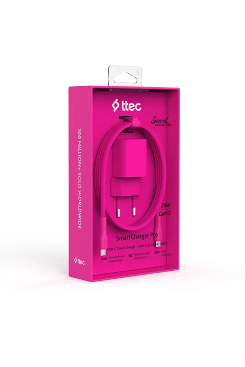 Ttec SmartCharger GAN 20 W PD Seyahat Hızlı Şarj Aleti + USB-C USB-C 3A Kablo Neon Pembe 2SCG20CNP - 1