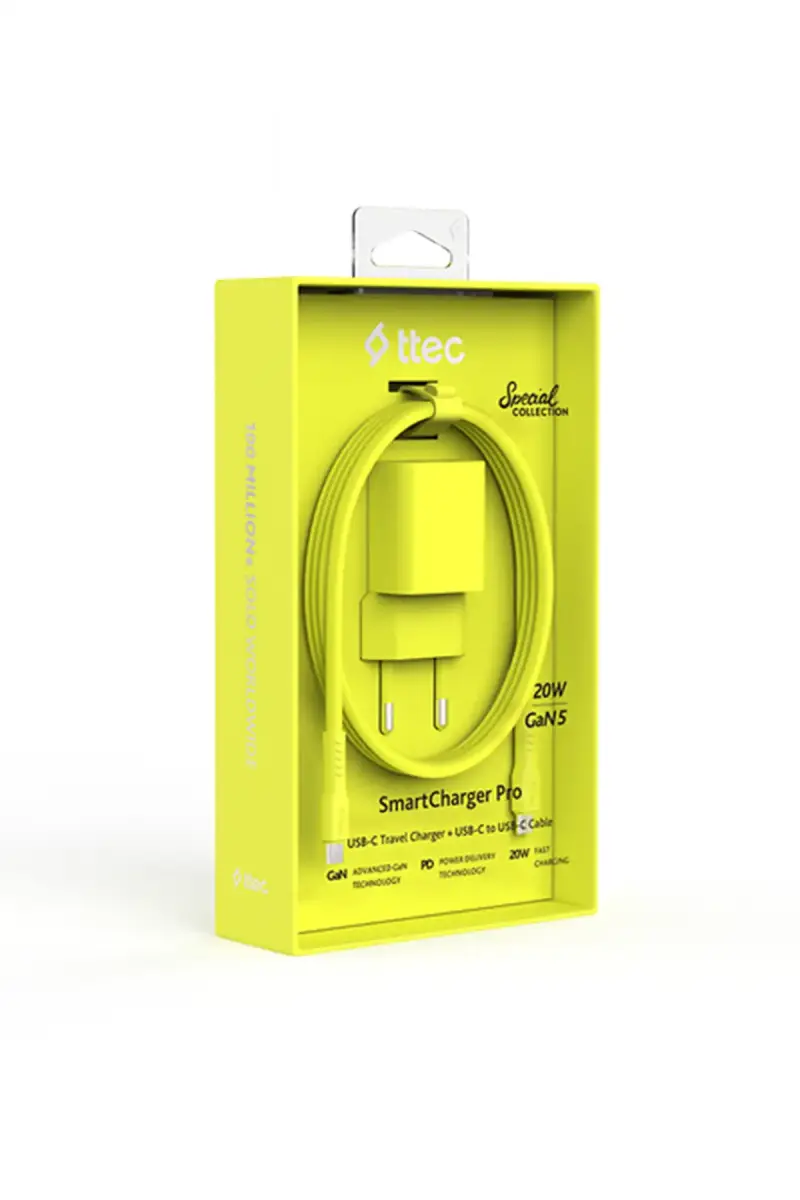 Ttec SmartCharger GAN 20 W PD Seyahat Hızlı Şarj Aleti + USB-C USB-C 3A Kablo Neon Sarı 2SCG20CNS - 1