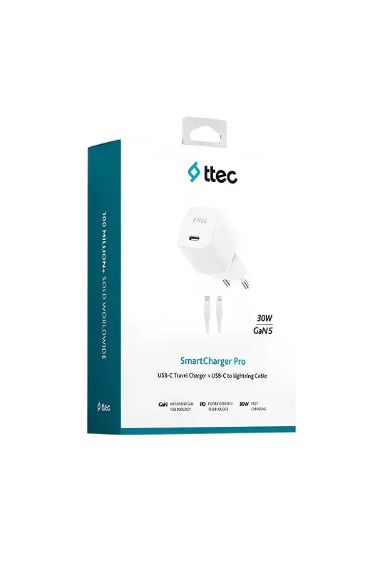 Ttec SmartCharger GAN 30 W PD Seyahat Hızlı Şarj Aleti + USB-C Lightning 150 cm Kablo Beyaz 2SCP03LB - Ttec