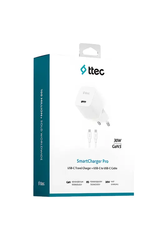 Ttec SmartCharger GAN 30 W PD Seyahat Hızlı Şarj Aleti + USB-C USB-C 3A Kablo Beyaz 2SCP03CB - Ttec